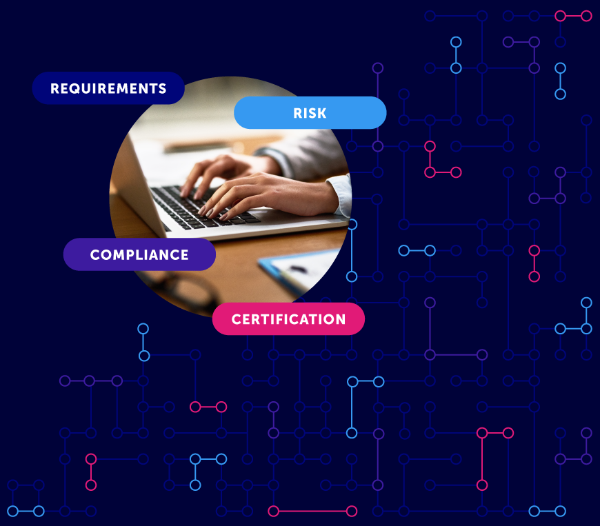 Person typing on a laptop surrounded by floating labels “Requirements,” “Risk,” “Compliance,” and “Certification,” representing TrustArc’s AI governance and risk management process.