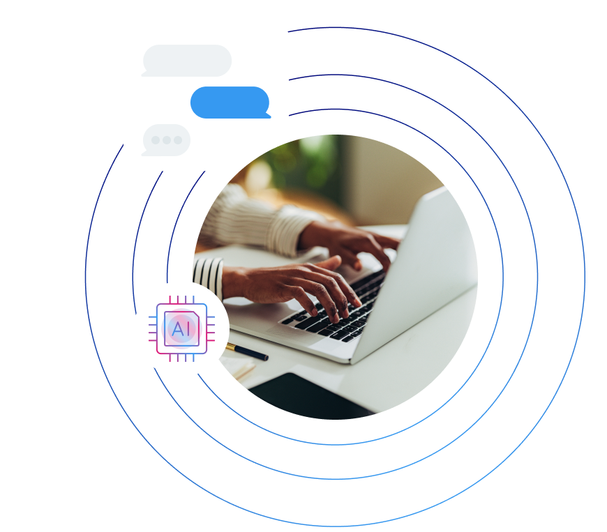 Person typing on a laptop surrounded by AI and chat icons, representing responsible AI communication, compliance, and ethical technology governance.