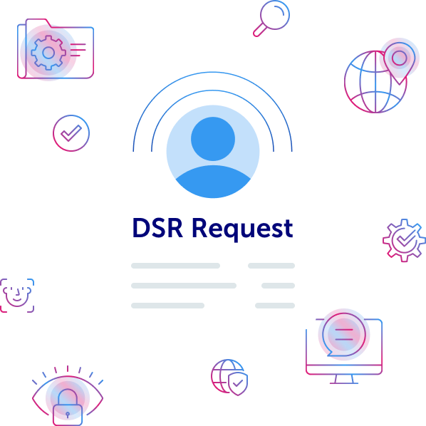 Icon of a person above the text 'DSR Request' on a dark blue background with abstract circular designs and icons.