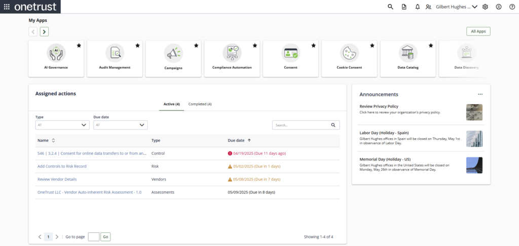 OneTrust UI showing a number of apps, assigned actions, and announcements.
