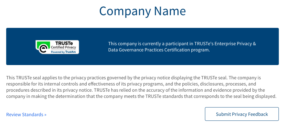 Sample of TrustArc's trusted directory validation, showcasing privacy certification